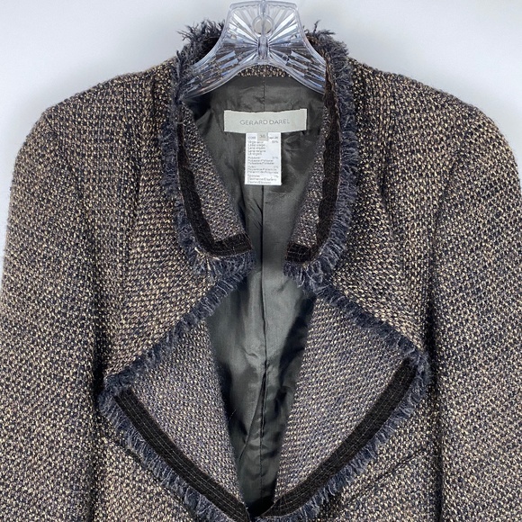 GERARD DAREL Tweed Fringe Tie Belted Blazer 36 Jacket Career Preppy Brown - Picture 2 of 8